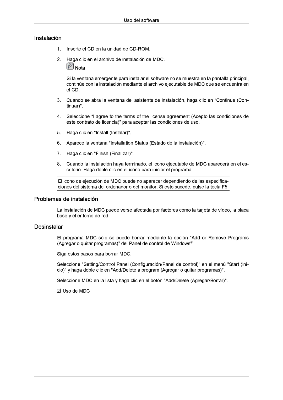 Samsung LH46SOUMSC/EN, LH46SOUQSC/EN, LH46SOTMBC/EN, LH46SOPMBC/EN, LH46SOQMSC/EN manual Problemas de instalación, Desinstalar 