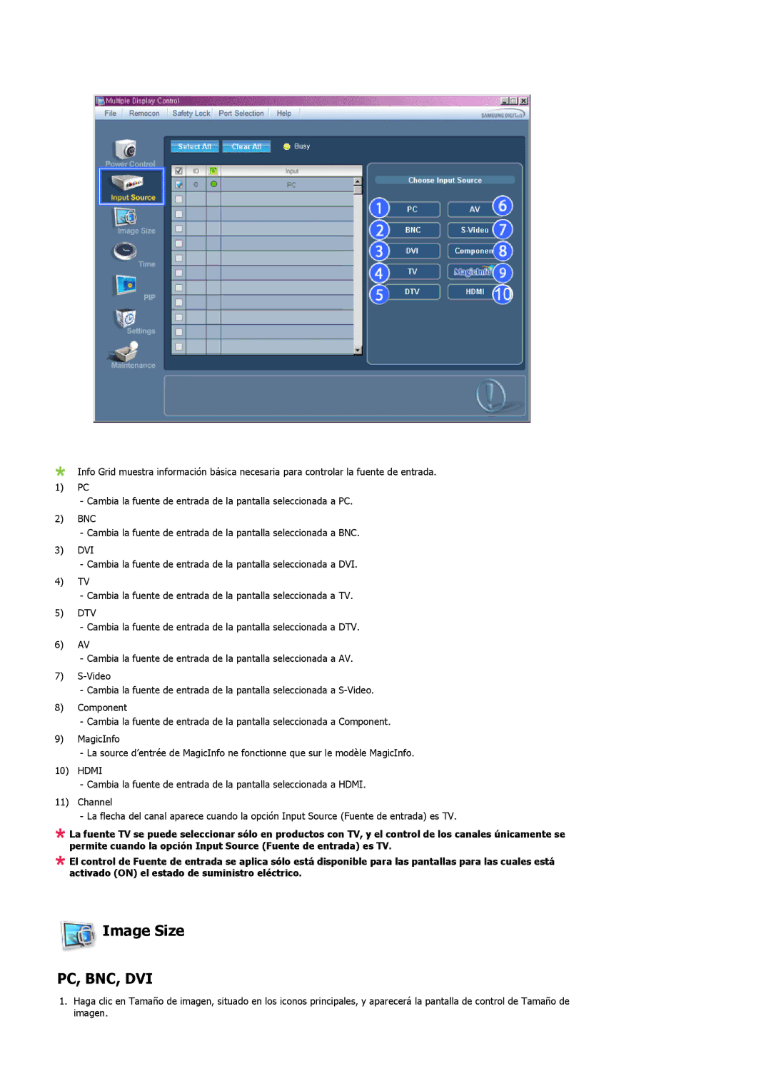 Samsung LH46SOUMSC/EN, LH46SOUQSC/EN, LH46SOTMBC/EN, LH46SOPMBC/EN, LH46SOQMSC/EN, LH46SOPQBC/EN manual Image Size, Pc, Bnc, Dvi 