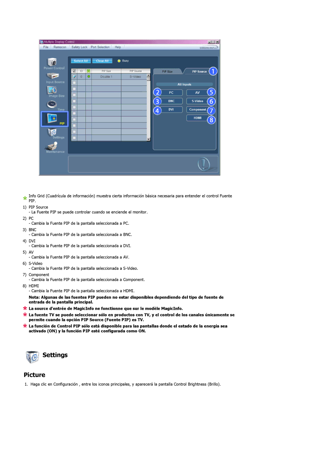 Samsung LH46SOPMBC/EN, LH46SOUQSC/EN, LH46SOTMBC/EN, LH46SOUMSC/EN, LH46SOQMSC/EN, LH46SOPQBC/EN manual Settings Picture 