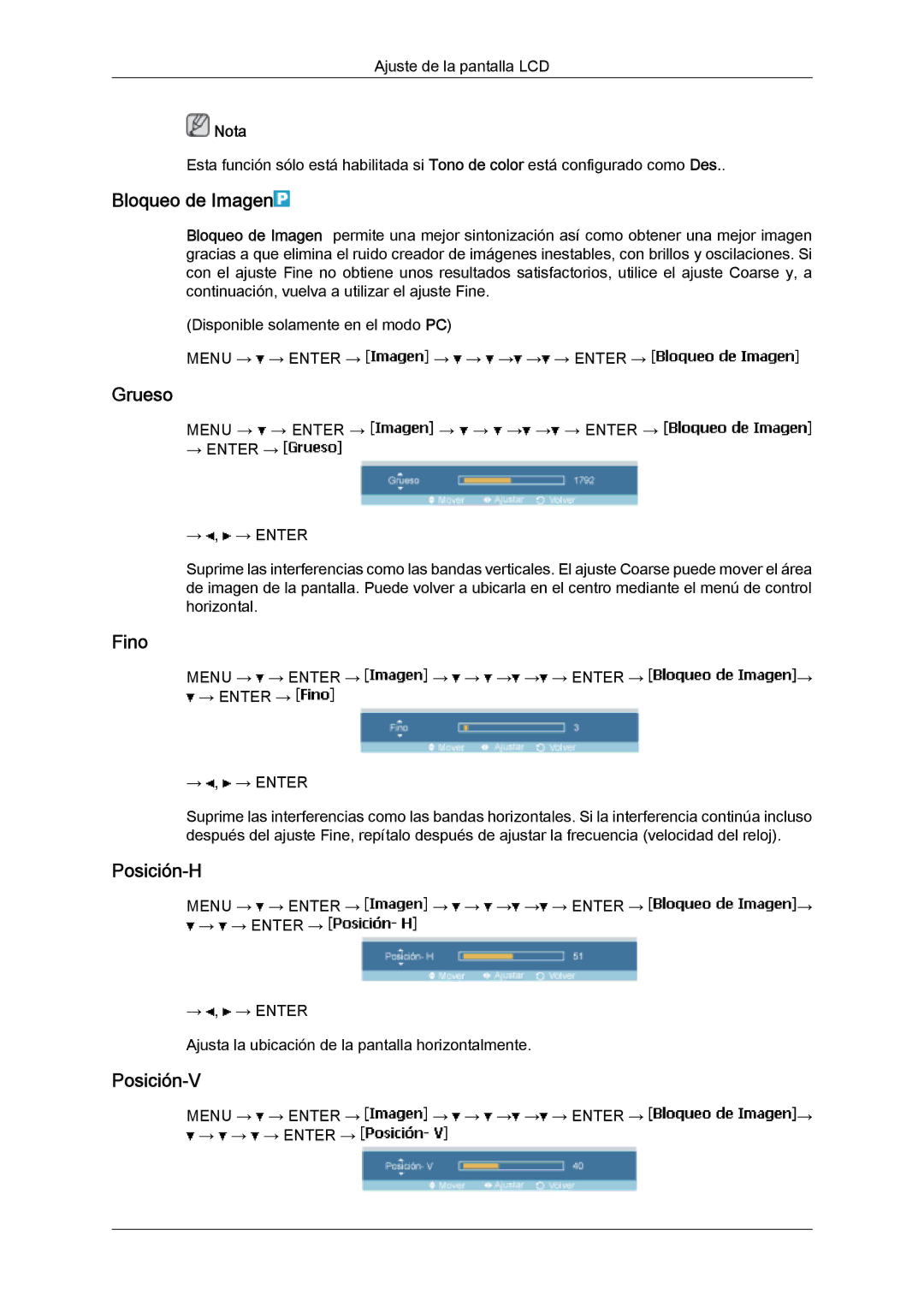 Samsung LH46SOQMSC/EN, LH46SOUQSC/EN, LH46SOTMBC/EN, LH46SOPMBC/EN Bloqueo de Imagen, Grueso, Fino, Posición-H, Posición-V 