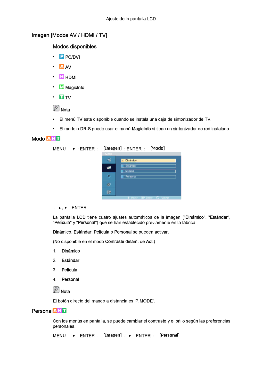 Samsung LH46SOPMBC/EN manual Imagen Modos AV / Hdmi / TV Modos disponibles, Dinámico Estándar Película Personal Nota 