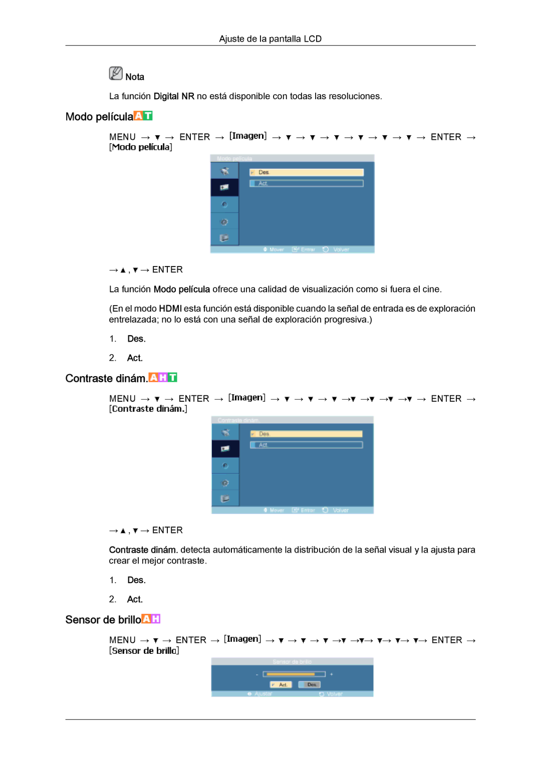 Samsung LH46SOUQSC/EN, LH46SOTMBC/EN, LH46SOPMBC/EN, LH46SOUMSC/EN, LH46SOQMSC/EN manual Modo película, Contraste dinám 