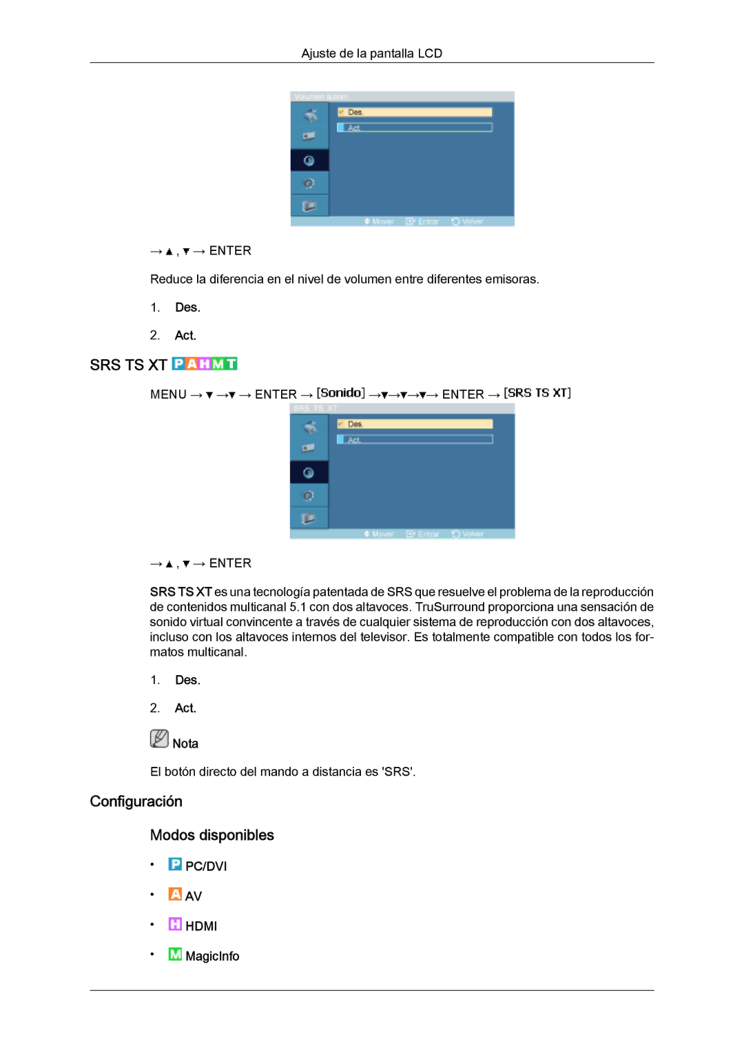 Samsung LH46SOUMSC/EN, LH46SOUQSC/EN, LH46SOTMBC/EN, LH46SOPMBC/EN Configuración Modos disponibles, Des Act Nota, MagicInfo 