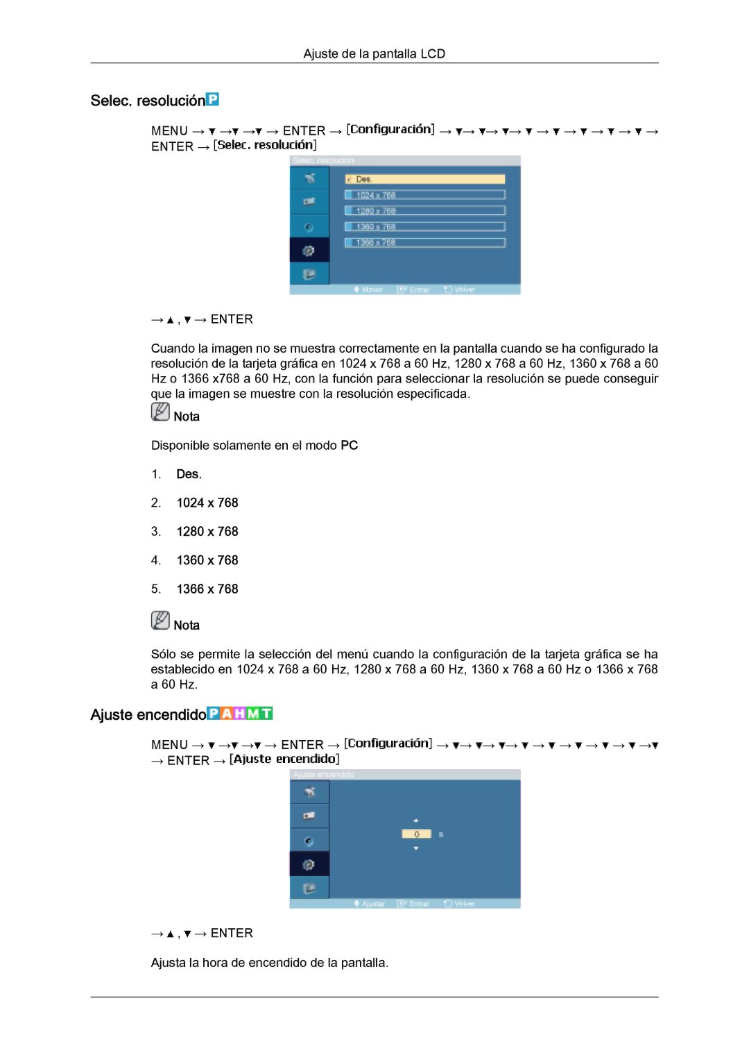Samsung LH46SOPMBC/EN, LH46SOUQSC/EN manual Selec. resolución, Ajuste encendido, Des 1024 x 1280 x 1360 x 1366 x Nota 