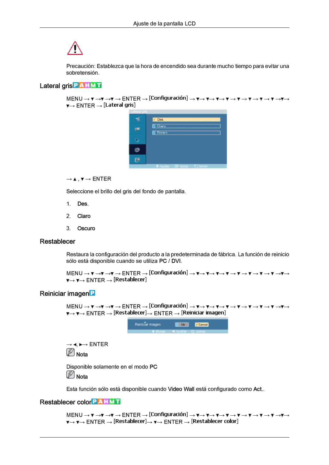 Samsung LH46SOUMSC/EN, LH46SOUQSC/EN, LH46SOTMBC/EN Lateral gris, Reiniciar imagen, Restablecer color, Des Claro Oscuro 