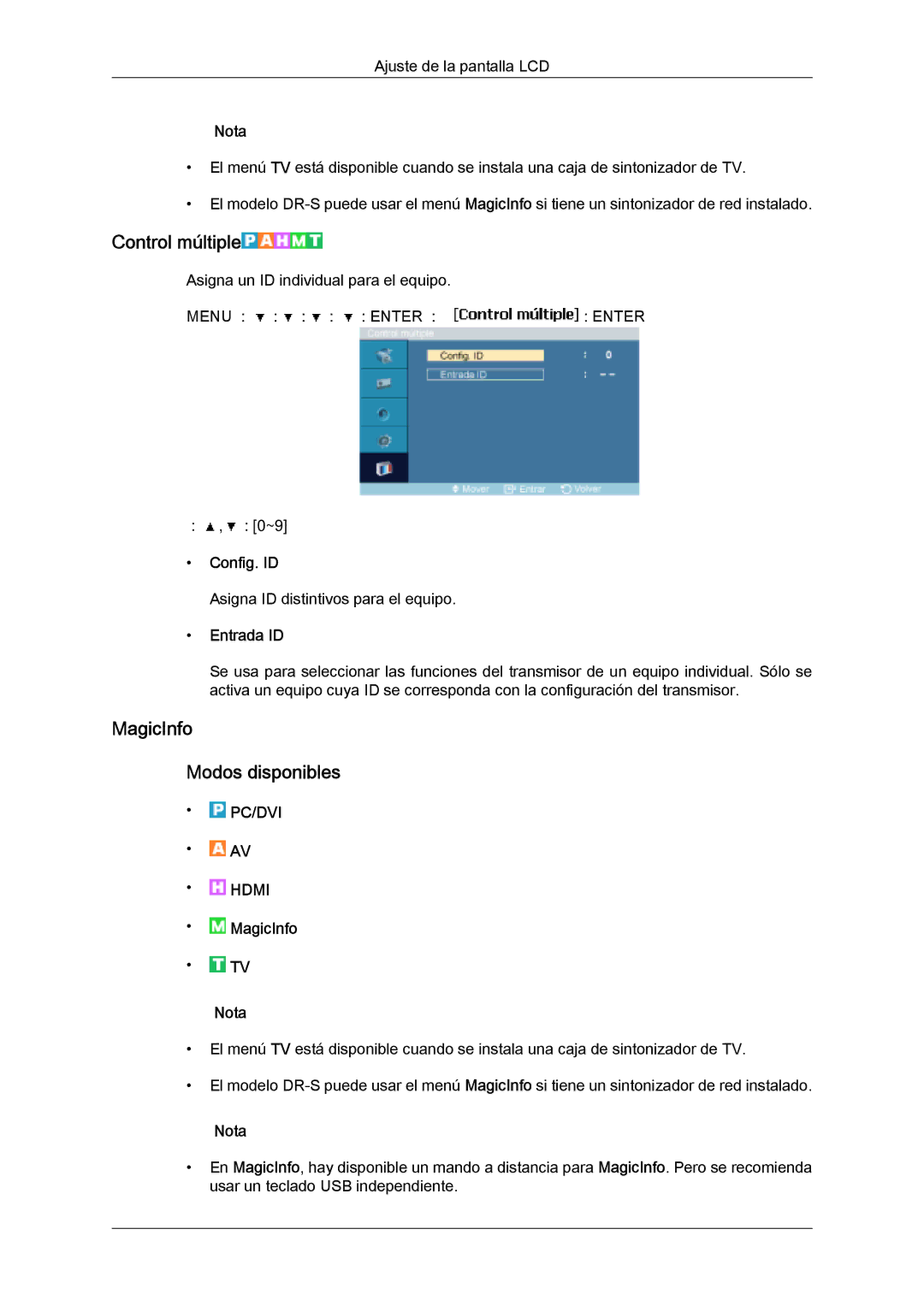 Samsung LH46SOPQBC/EN, LH46SOUQSC/EN, LH46SOTMBC/EN Control múltiple, MagicInfo Modos disponibles, Config. ID, Entrada ID 