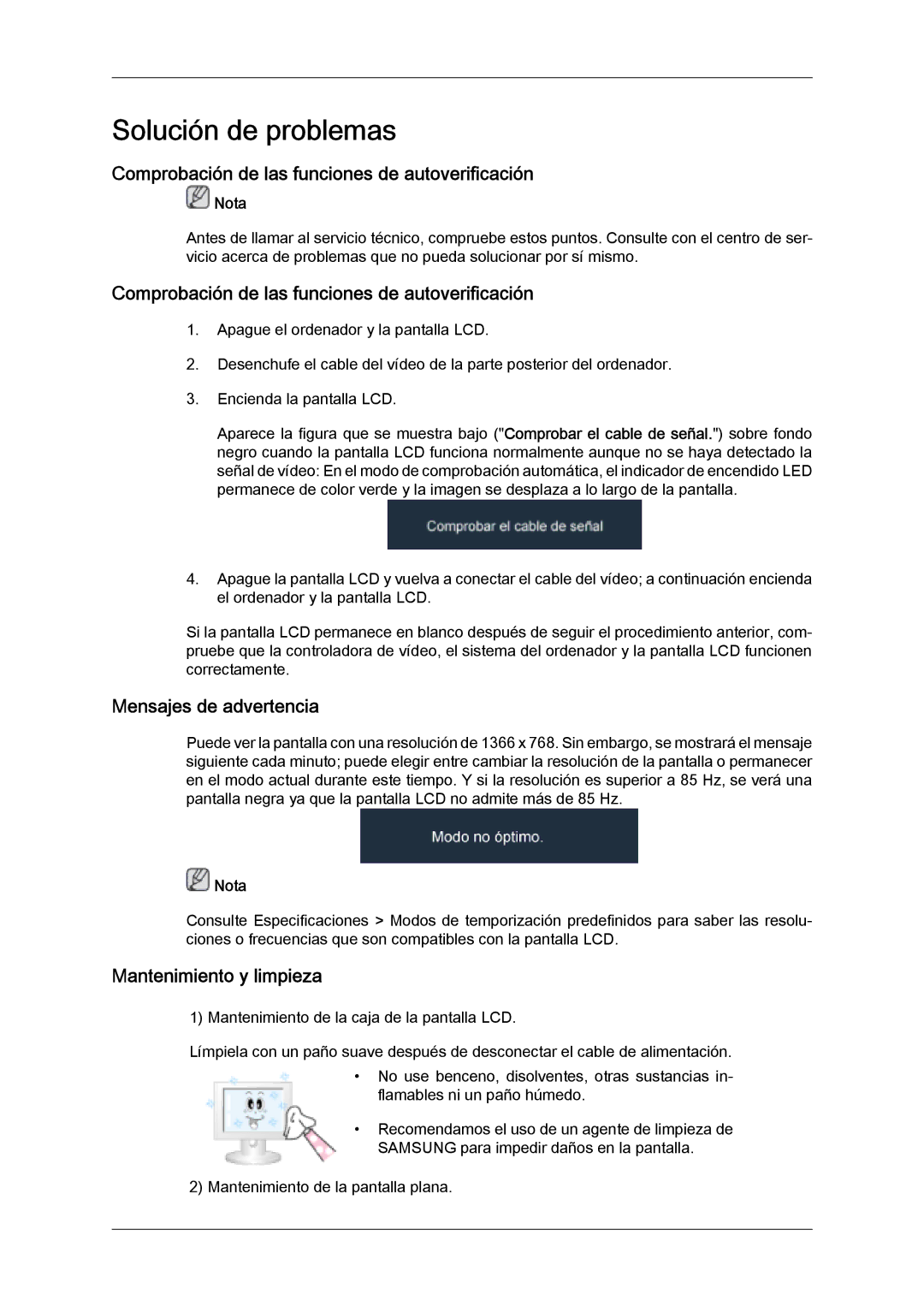 Samsung LH46SOPMBC/EN Comprobación de las funciones de autoverificación, Mensajes de advertencia, Mantenimiento y limpieza 