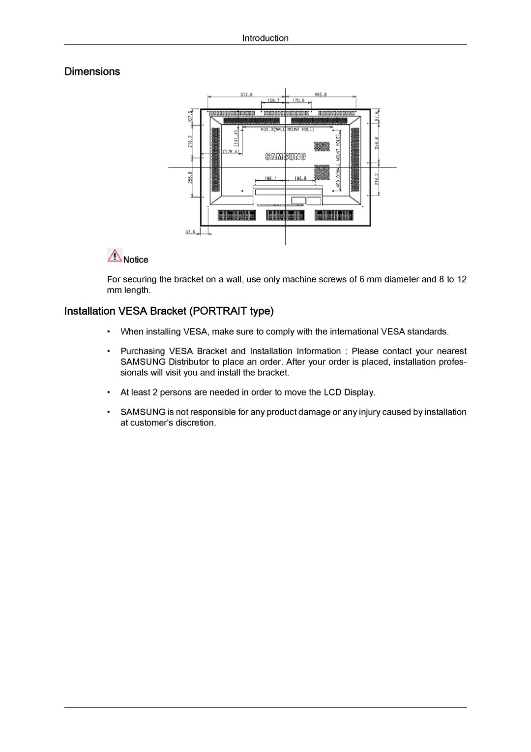 Samsung LH46SOPQBC/EN, LH46SOUQSC/EN, LH46SOTMBC/EN, LH46SOQQSC/EN manual Dimensions, Installation Vesa Bracket Portrait type 