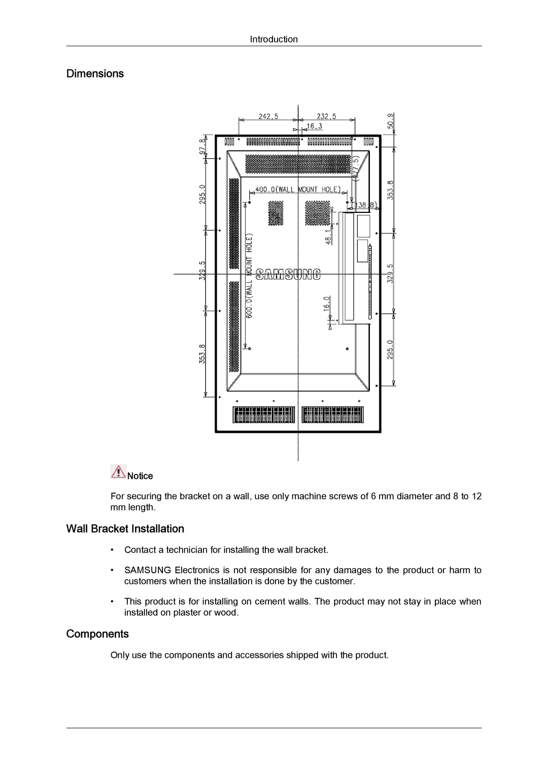 Samsung LH46SOPMSC/EN, LH46SOUQSC/EN, LH46SOTMBC/EN, LH46SOQQSC/EN, LH46SOPMBC/EN manual Wall Bracket Installation, Components 