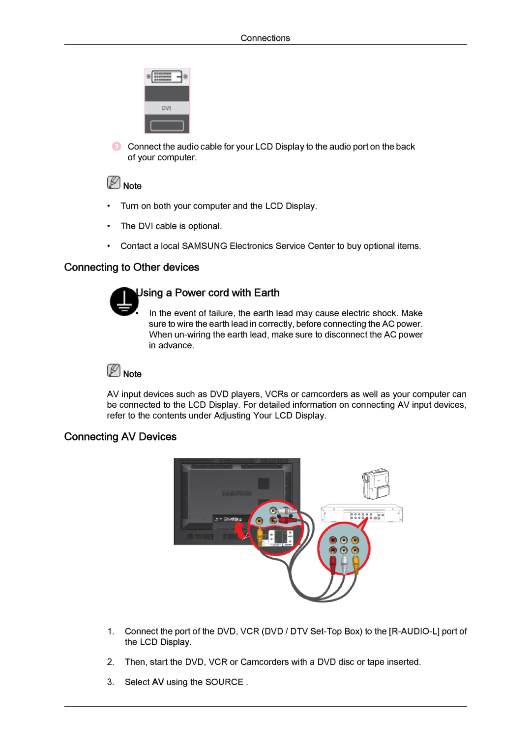 Samsung LH46SOUMSC/EN, LH46SOUQSC/EN manual Connecting to Other devices Using a Power cord with Earth, Connecting AV Devices 