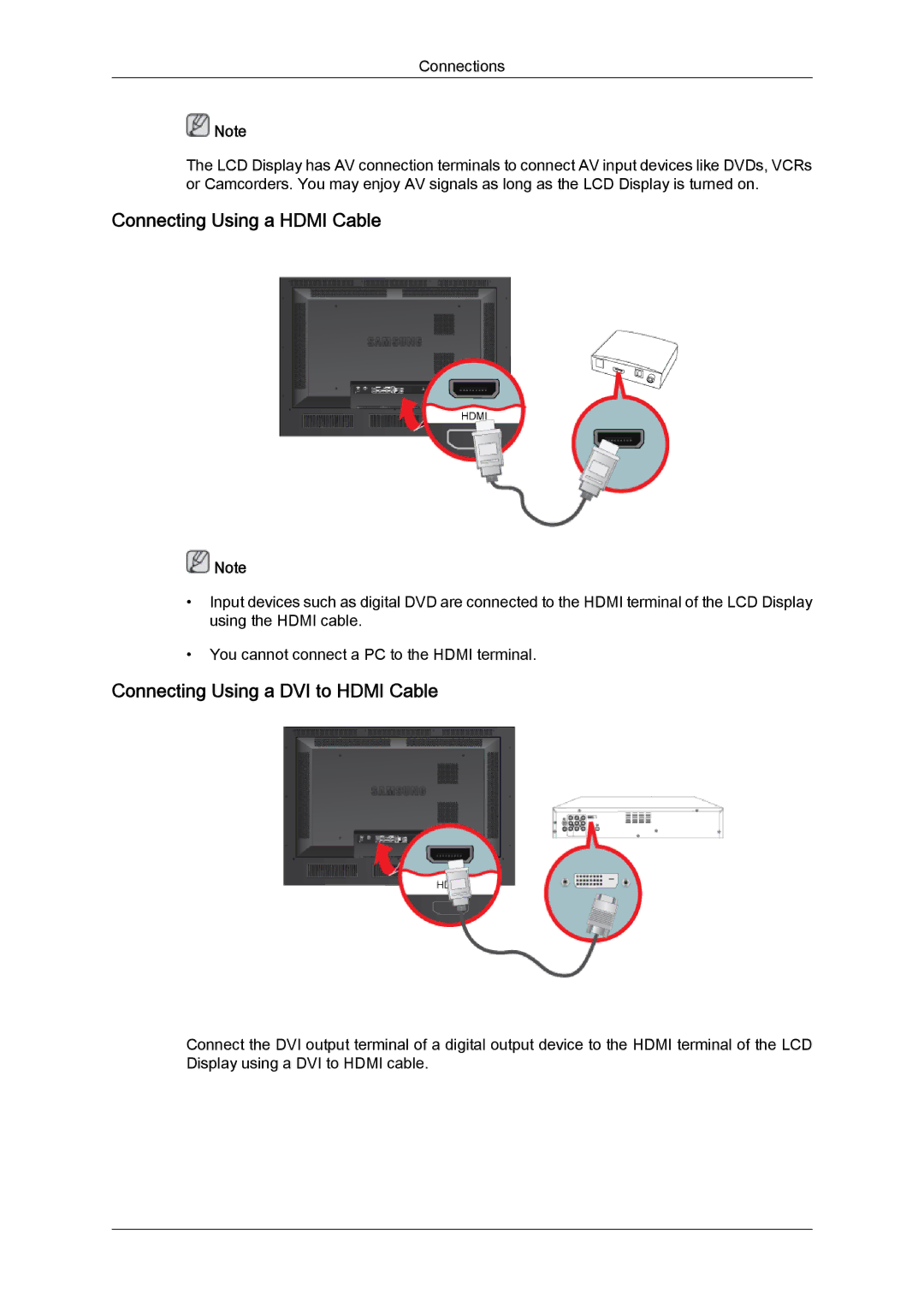 Samsung LH46SOTQBC/EN, LH46SOUQSC/EN, LH46SOTMBC/EN Connecting Using a Hdmi Cable, Connecting Using a DVI to Hdmi Cable 