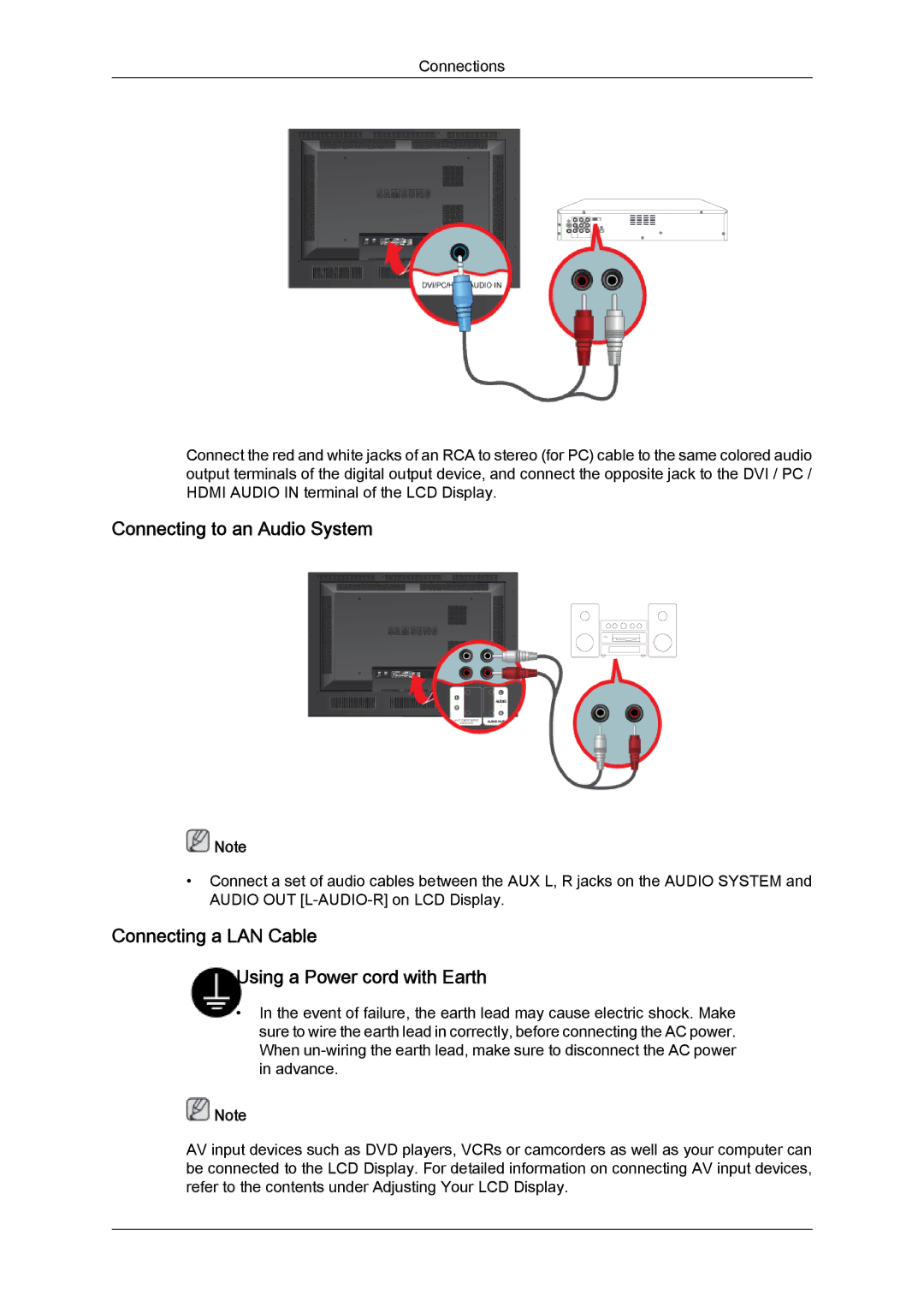 Samsung LH46SOQMSC/EN, LH46SOUQSC/EN Connecting to an Audio System, Connecting a LAN Cable Using a Power cord with Earth 