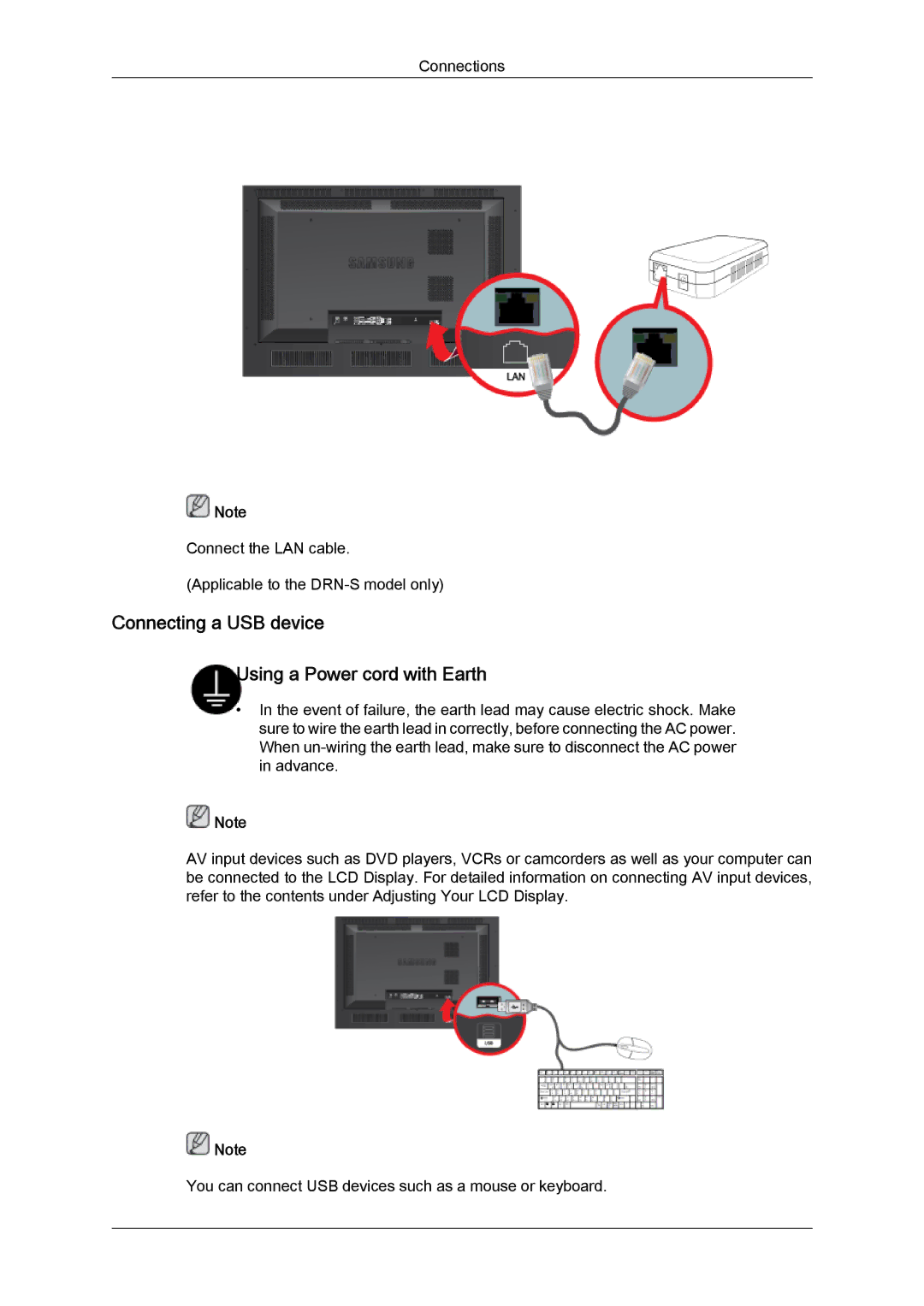 Samsung LH46SOTMBC/XJ, LH46SOUQSC/EN, LH46SOTMBC/EN, LH46SOQQSC/EN Connecting a USB device Using a Power cord with Earth 