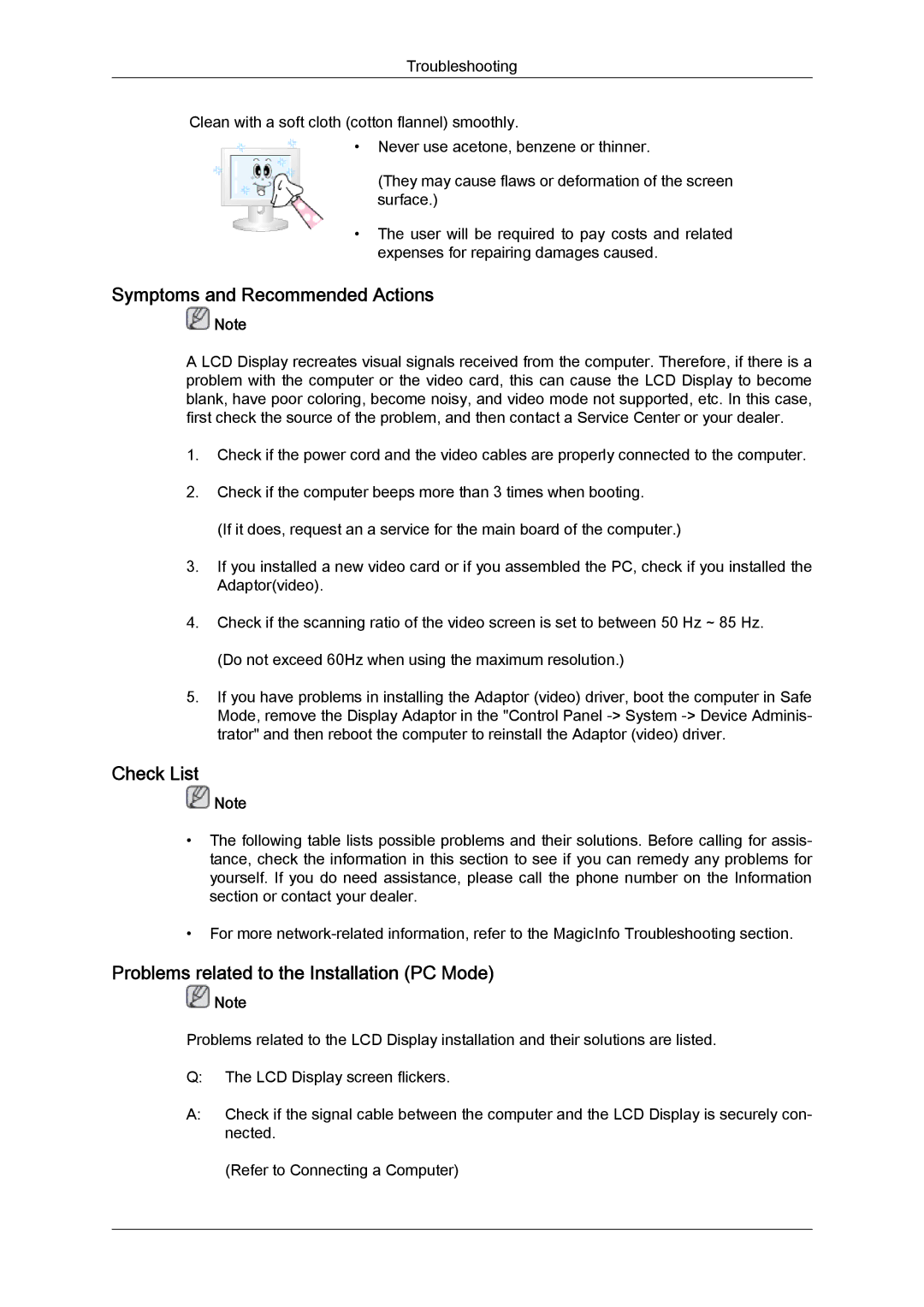 Samsung LH46SOUMSC/XJ manual Symptoms and Recommended Actions, Check List, Problems related to the Installation PC Mode 