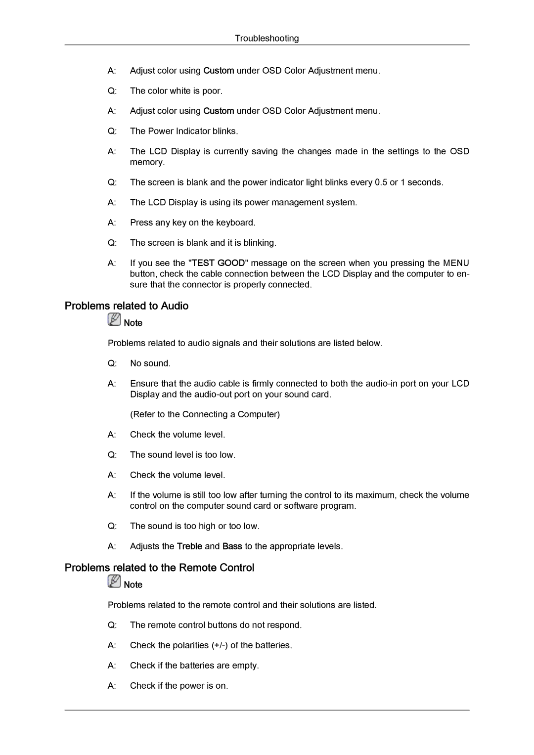 Samsung LH46SOPMBC/XJ, LH46SOUQSC/EN, LH46SOTMBC/EN manual Problems related to Audio, Problems related to the Remote Control 