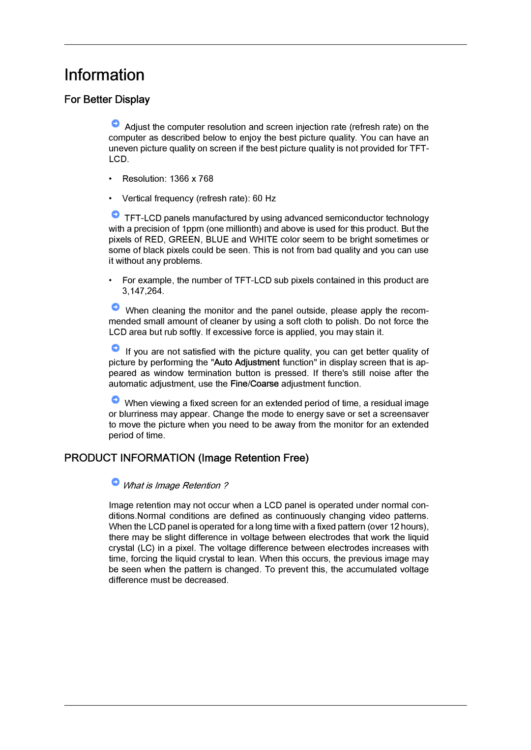 Samsung LH46SOQMSC/XJ, LH46SOUQSC/EN, LH46SOTMBC/EN manual For Better Display, Product Information Image Retention Free 