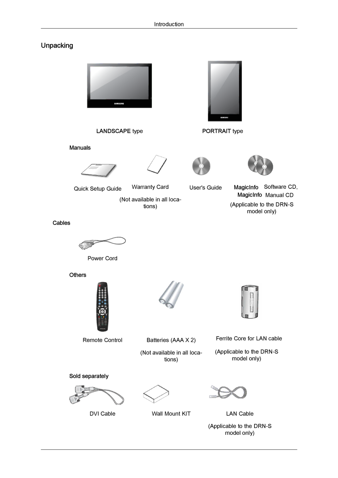 Samsung LH46SOQMSC/XJ, LH46SOUQSC/EN, LH46SOTMBC/EN, LH46SOQQSC/EN, LH46SOPMBC/EN, LH46SOUMSC/EN, LH46SOTQBC/EN manual Unpacking 