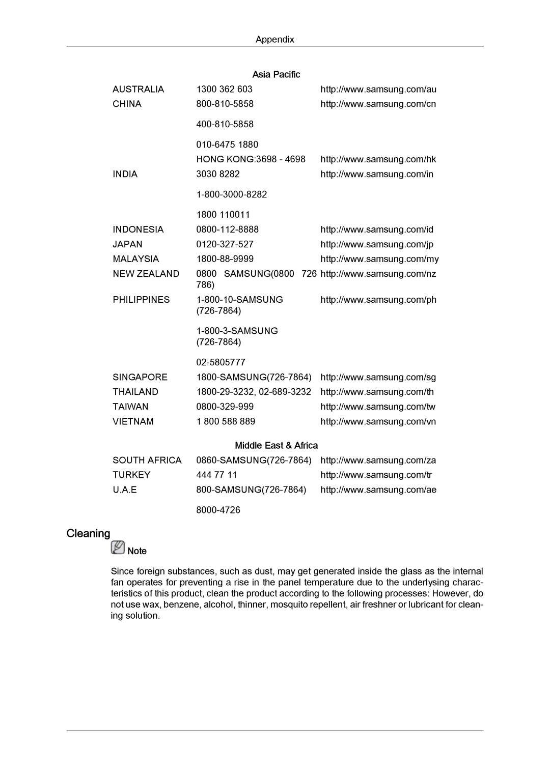 Samsung LH46SOQQSC/EN, LH46SOUQSC/EN, LH46SOTMBC/EN, LH46SOPMBC/EN, LH46SOUMSC/EN, LH46SOTQBC/EN, LH46SOQMSC/EN manual Cleaning 