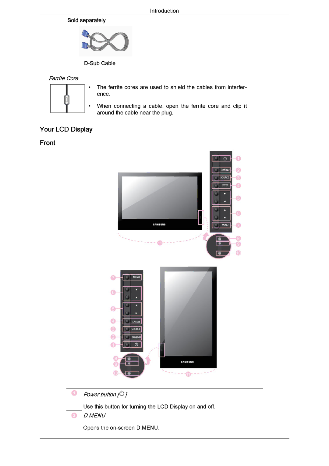 Samsung LH46SOPMBC/XJ, LH46SOUQSC/EN, LH46SOTMBC/EN, LH46SOQQSC/EN, LH46SOPMBC/EN manual Your LCD Display Front, Ferrite Core 