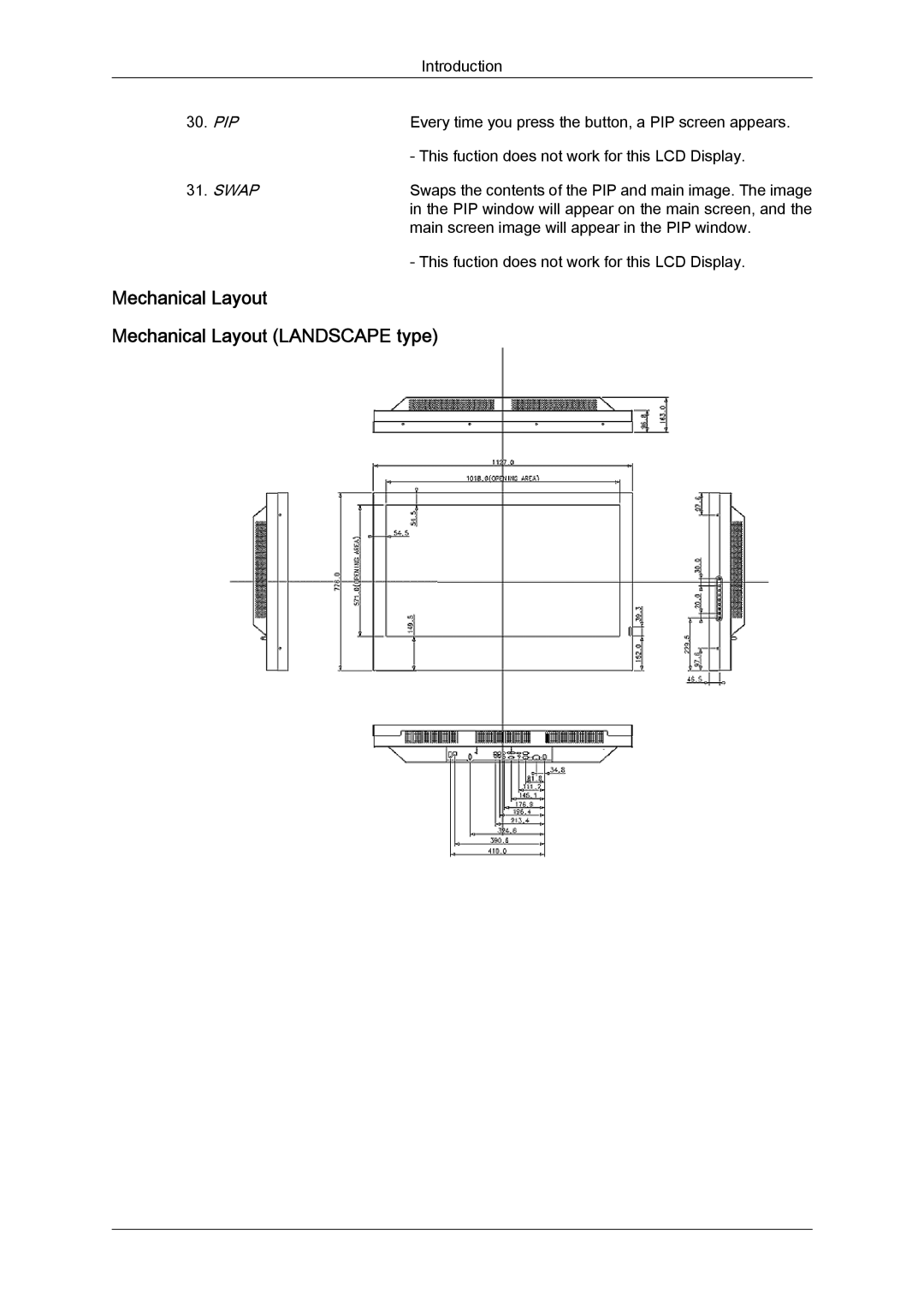 Samsung LH46SOPMBC/EN, LH46SOUQSC/EN, LH46SOTMBC/EN, LH46SOQQSC/EN Mechanical Layout Mechanical Layout Landscape type, Pip 