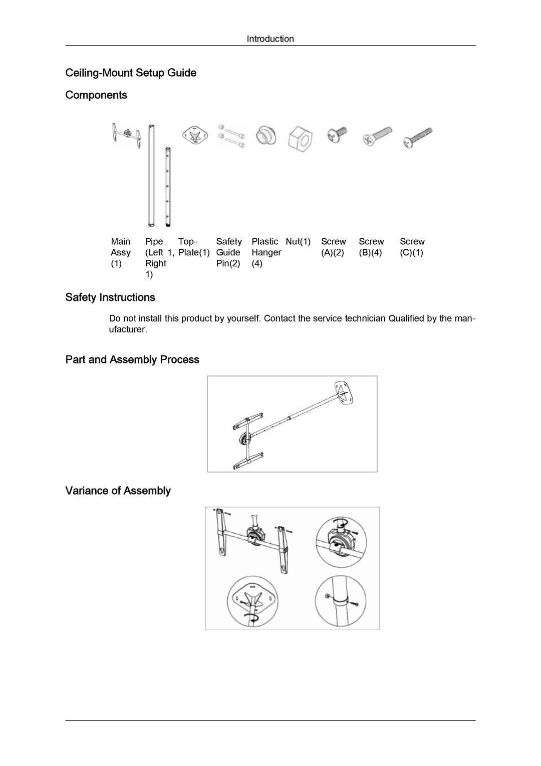 Samsung LH46SOQMSC/XJ, LH46SOUQSC/EN, LH46SOTMBC/EN, LH46SOQQSC/EN Ceiling-Mount Setup Guide Components, Safety Instructions 