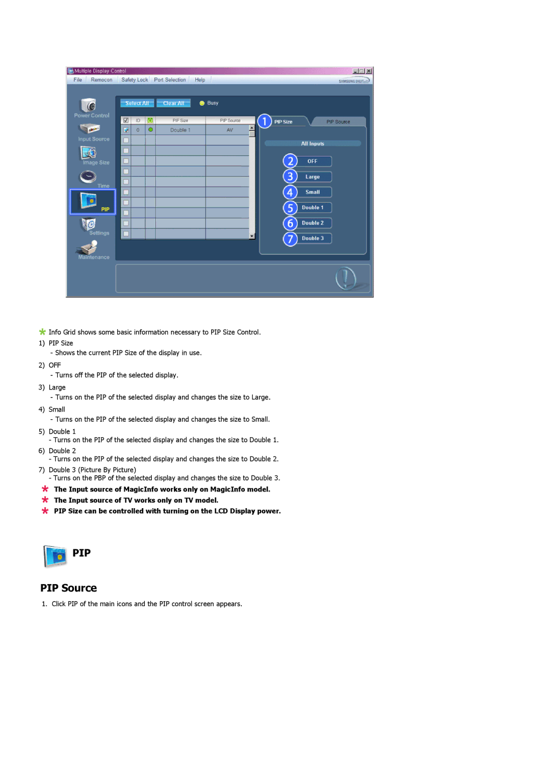 Samsung LH46SOQMSC/EN, LH46SOUQSC/EN, LH46SOTMBC/EN, LH46SOQQSC/EN, LH46SOPMBC/EN, LH46SOUMSC/EN, LH46SOTQBC/EN manual PIP Source 