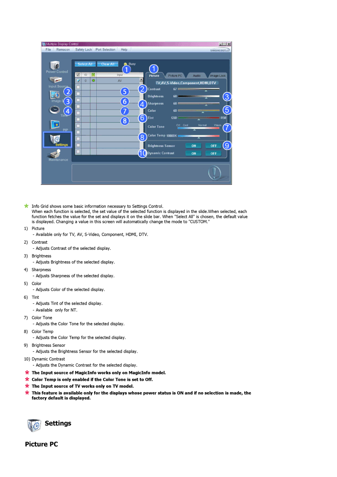 Samsung LH46SOUQSC/XJ, LH46SOUQSC/EN, LH46SOTMBC/EN, LH46SOQQSC/EN, LH46SOPMBC/EN, LH46SOUMSC/EN manual Settings Picture PC 