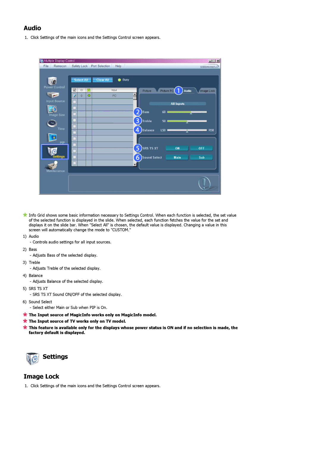 Samsung LH46SOUMSC/XJ, LH46SOUQSC/EN, LH46SOTMBC/EN, LH46SOQQSC/EN, LH46SOPMBC/EN, LH46SOUMSC/EN Audio, Settings Image Lock 