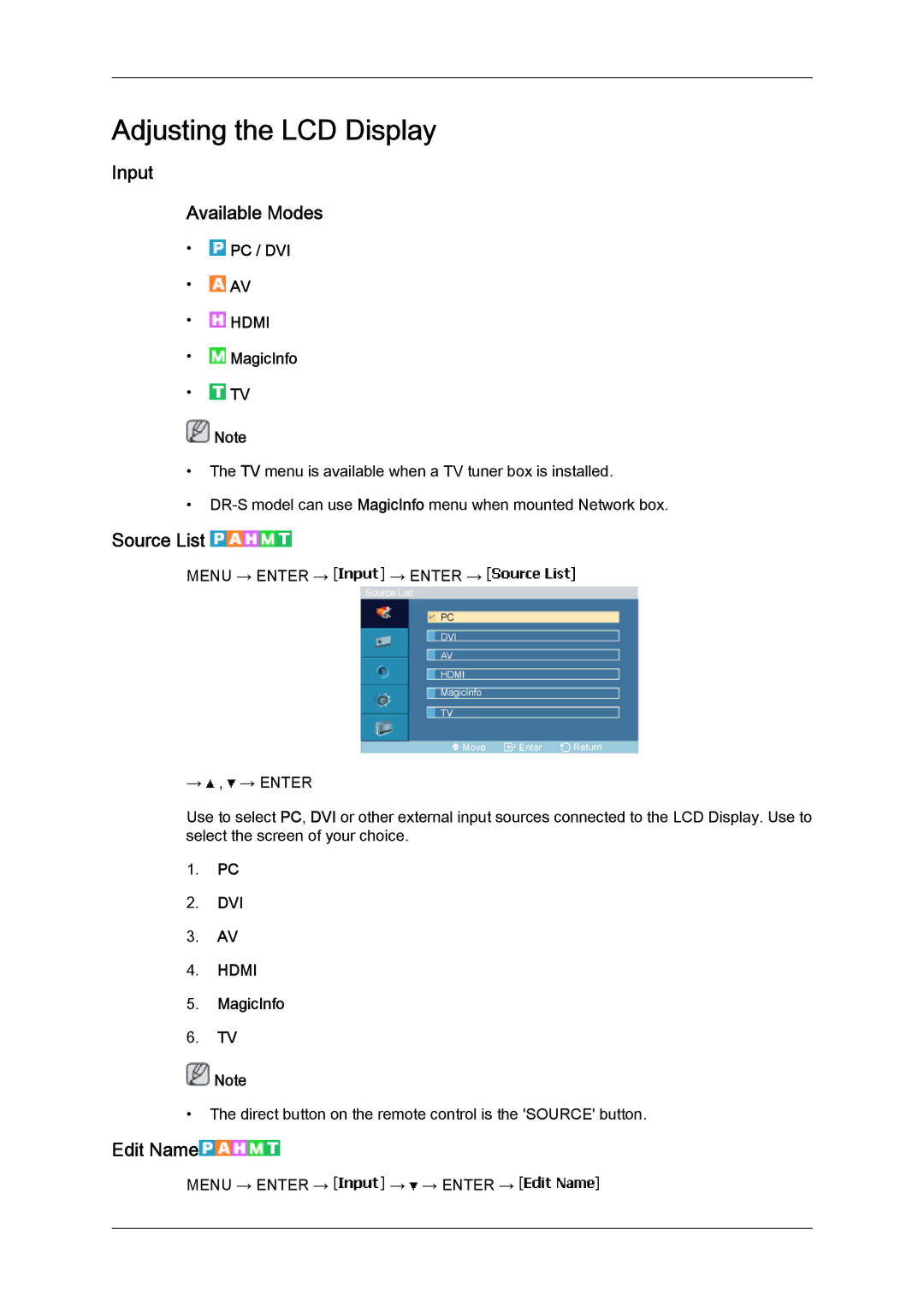 Samsung LH46SOUQSC/EN, LH46SOTMBC/EN, LH46SOQQSC/EN, LH46SOPMBC/EN Input Available Modes, Source List, Edit Name, Pc / Dvi 