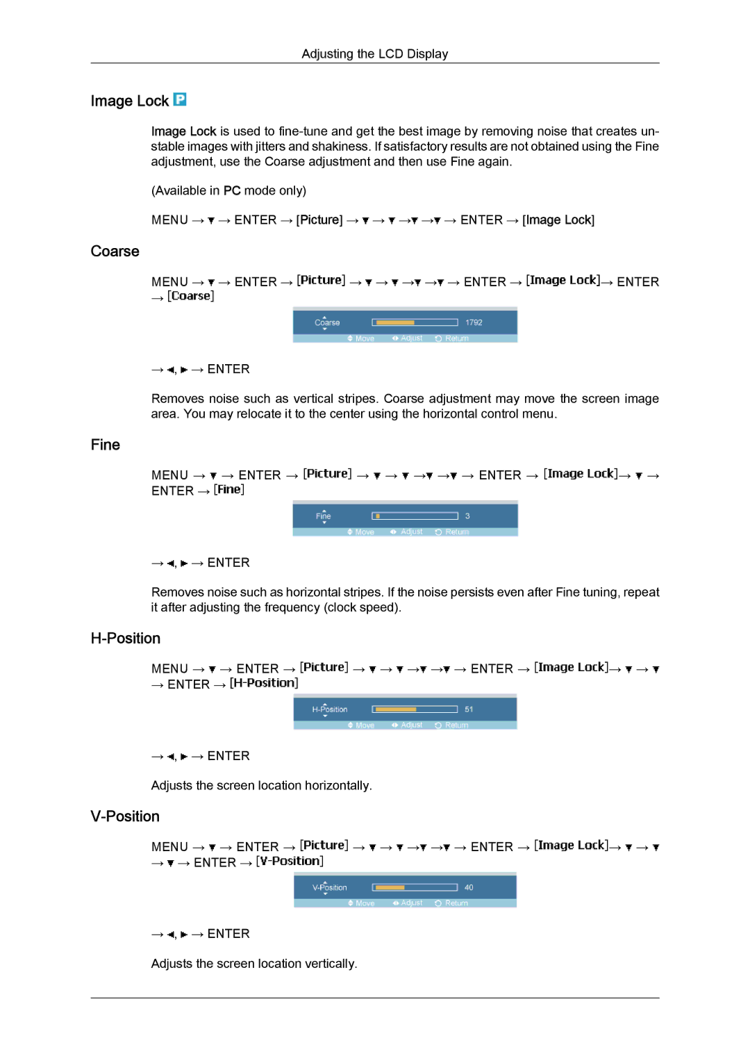 Samsung LH46SOTQBC/EN, LH46SOUQSC/EN, LH46SOTMBC/EN, LH46SOQQSC/EN, LH46SOPMBC/EN manual Image Lock, Coarse, Fine, Position 