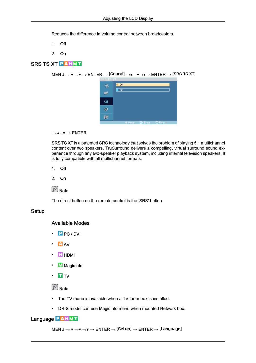 Samsung LH46SOUQSC/EN, LH46SOTMBC/EN, LH46SOQQSC/EN, LH46SOPMBC/EN, LH46SOUMSC/EN manual Setup Available Modes, Language 