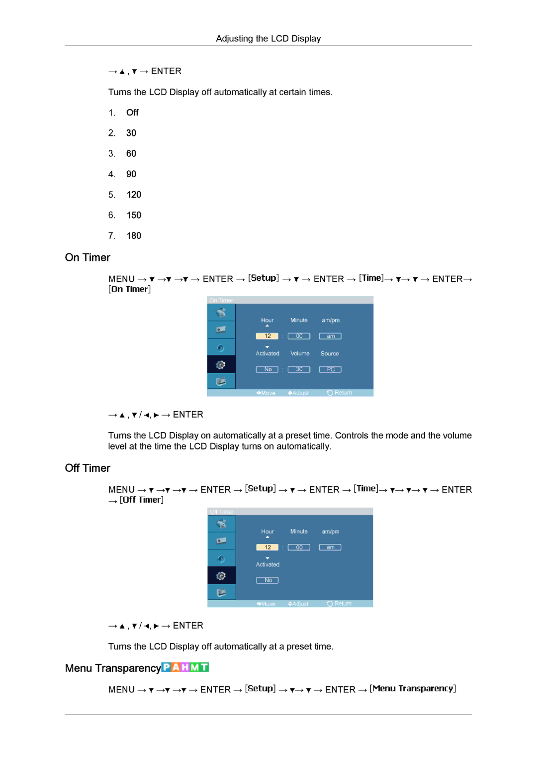 Samsung LH46SOQQSC/EN, LH46SOUQSC/EN, LH46SOTMBC/EN, LH46SOPMBC/EN, LH46SOUMSC/EN manual On Timer, Off Timer, Menu Transparency 