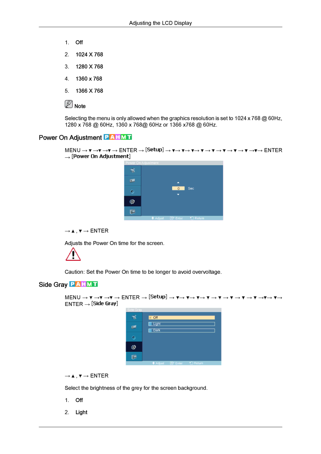 Samsung LH46SOQMSC/XJ, LH46SOUQSC/EN manual Power On Adjustment, Side Gray, Off 1024 X 1280 X 1360 x 1366 X, Off Light 