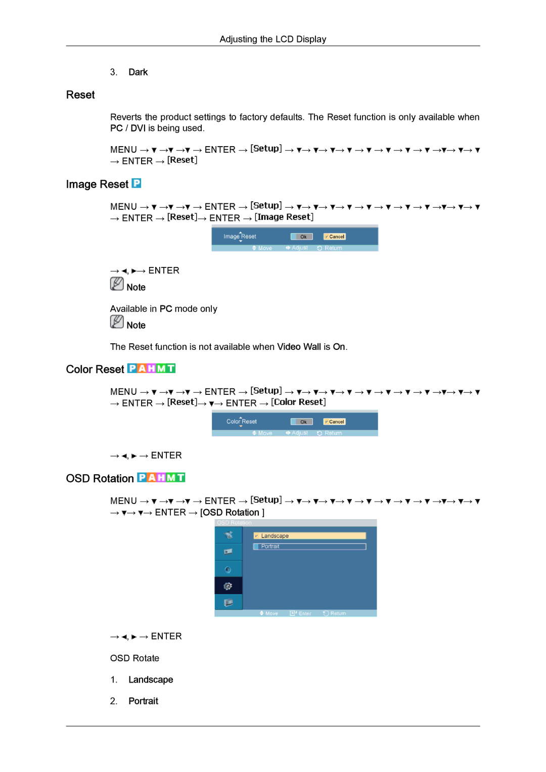 Samsung LH46SOPMBC/XJ, LH46SOUQSC/EN, LH46SOTMBC/EN, LH46SOQQSC/EN, LH46SOPMBC/EN Image Reset, Color Reset, OSD Rotation 