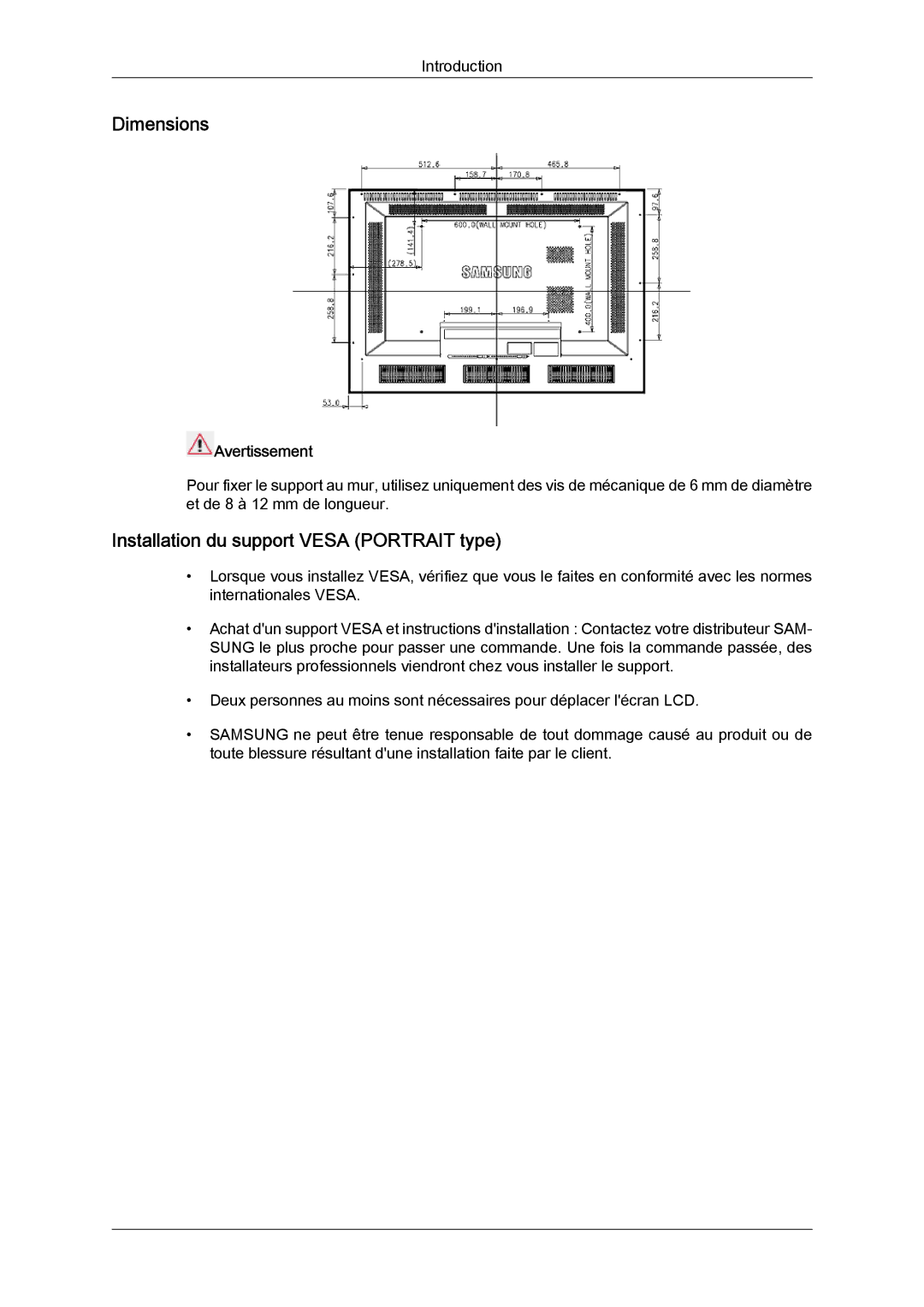 Samsung LH46SOTQBC/EN, LH46SOUQSC/EN, LH46SOTMBC/EN Dimensions, Installation du support Vesa Portrait type, Avertissement 