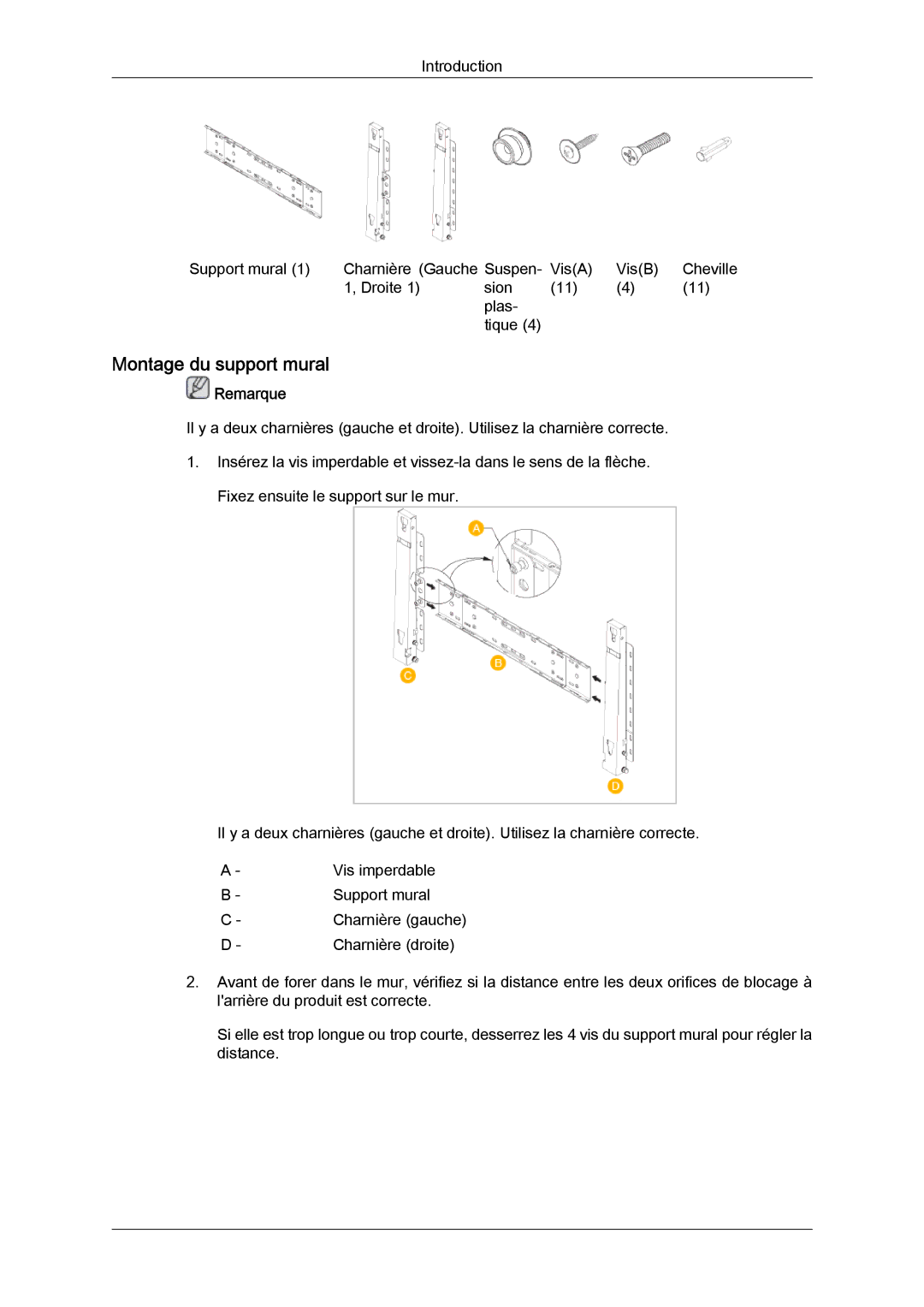 Samsung LH46SOPQBC/EN, LH46SOUQSC/EN, LH46SOTMBC/EN, LH46SOQQSC/EN, LH46SOPMBC/EN manual Montage du support mural, Remarque 