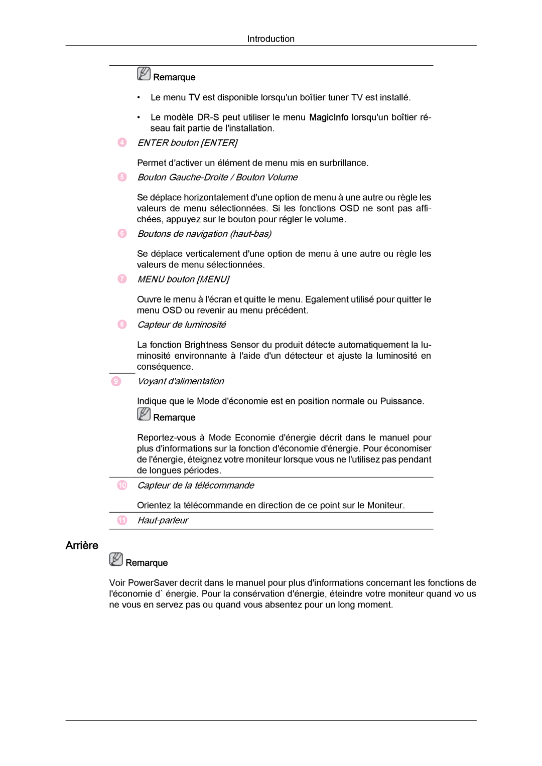 Samsung LH46SOTQBC/EN, LH46SOUQSC/EN, LH46SOTMBC/EN, LH46SOQQSC/EN manual Arrière, Bouton Gauche-Droite / Bouton Volume 