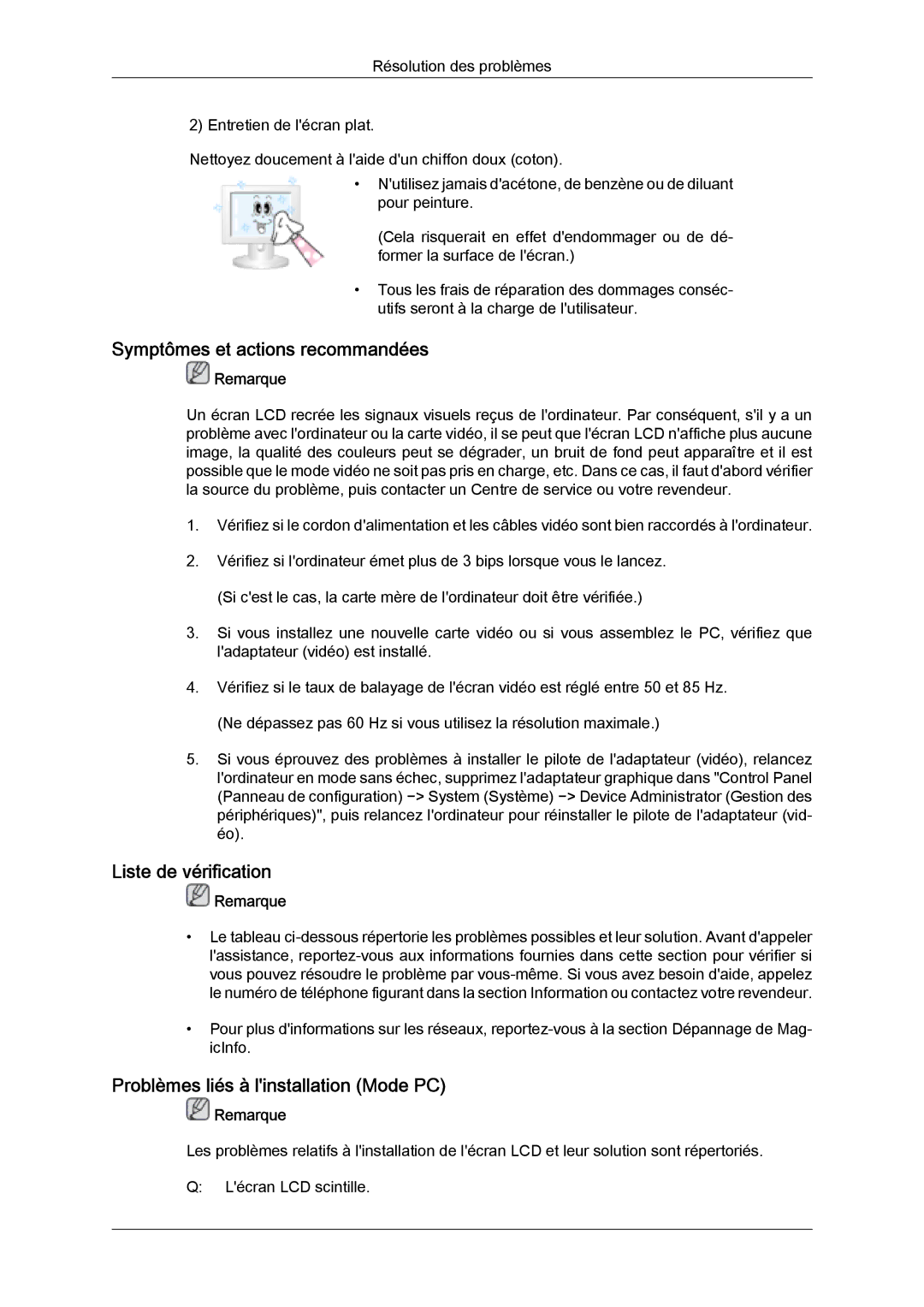 Samsung LH46SOUMSC/EN Symptômes et actions recommandées, Liste de vérification, Problèmes liés à linstallation Mode PC 