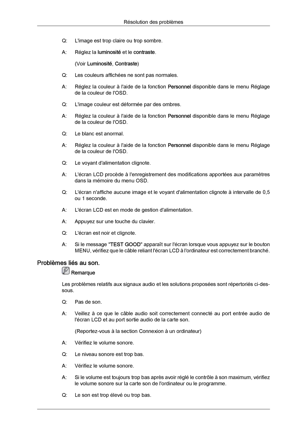 Samsung LH46SOQMSC/EN, LH46SOUQSC/EN, LH46SOTMBC/EN, LH46SOQQSC/EN, LH46SOPMBC/EN, LH46SOUMSC/EN manual Problèmes liés au son 