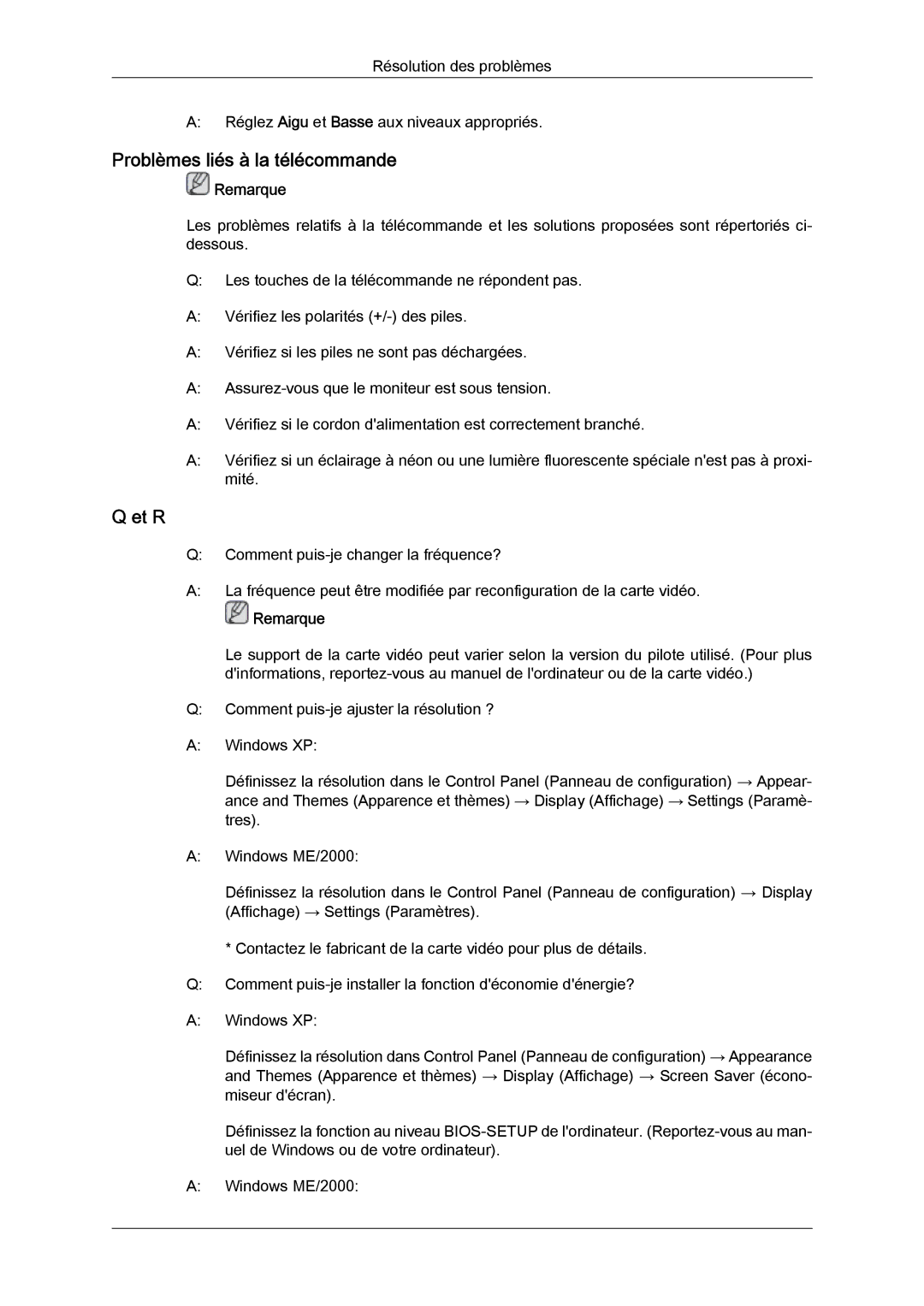 Samsung LH46SOPQBC/EN, LH46SOUQSC/EN, LH46SOTMBC/EN, LH46SOQQSC/EN, LH46SOPMBC/EN manual Problèmes liés à la télécommande, Et R 