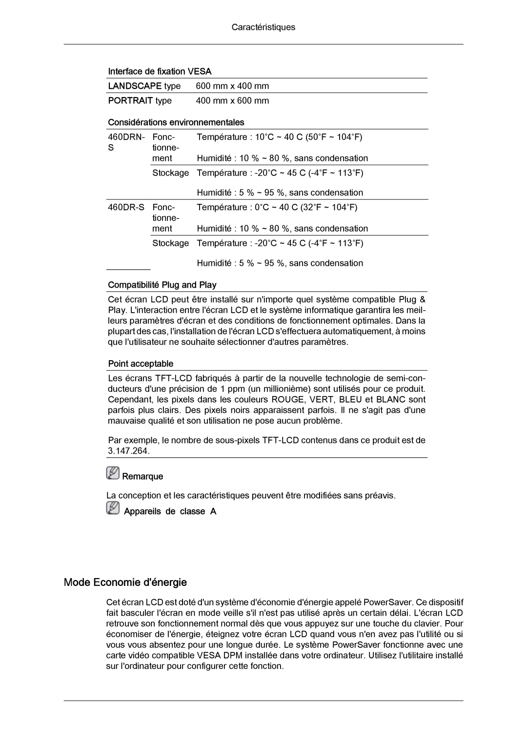 Samsung LH46SOQQSC/EN, LH46SOUQSC/EN, LH46SOTMBC/EN, LH46SOPMBC/EN, LH46SOUMSC/EN, LH46SOTQBC/EN manual Mode Economie dénergie 