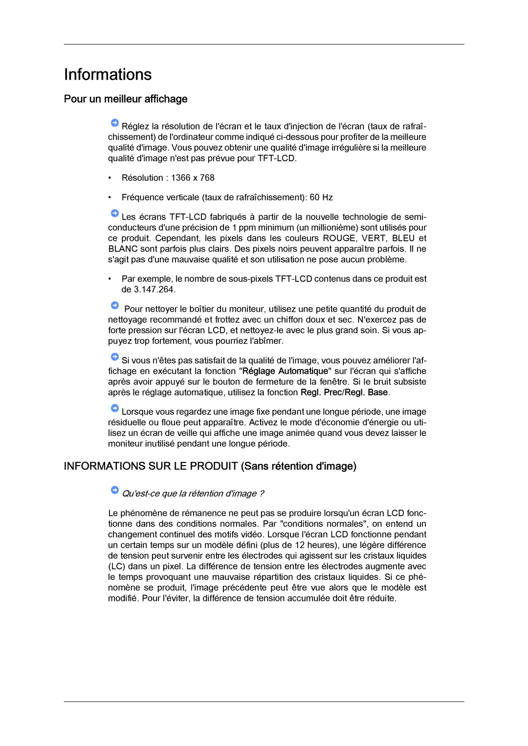 Samsung LH46SOTQBC/EN, LH46SOUQSC/EN manual Pour un meilleur affichage, Informations SUR LE Produit Sans rétention dimage 