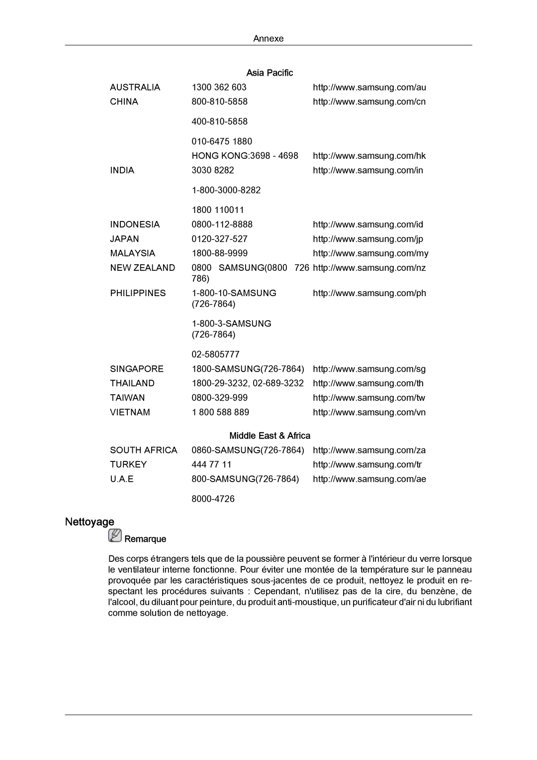 Samsung LH46SOUMSC/EN, LH46SOUQSC/EN, LH46SOTMBC/EN, LH46SOQQSC/EN, LH46SOPMBC/EN, LH46SOTQBC/EN manual Nettoyage, Asia Pacific 