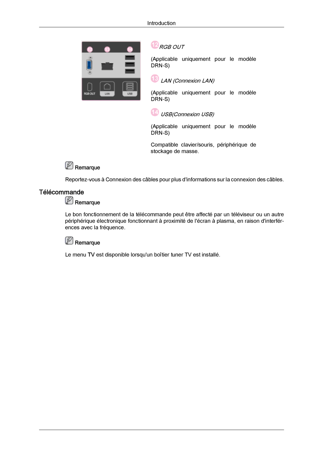 Samsung LH46SOUQSC/EN, LH46SOTMBC/EN, LH46SOQQSC/EN, LH46SOPMBC/EN, LH46SOUMSC/EN, LH46SOTQBC/EN manual Télécommande, Rgb Out 