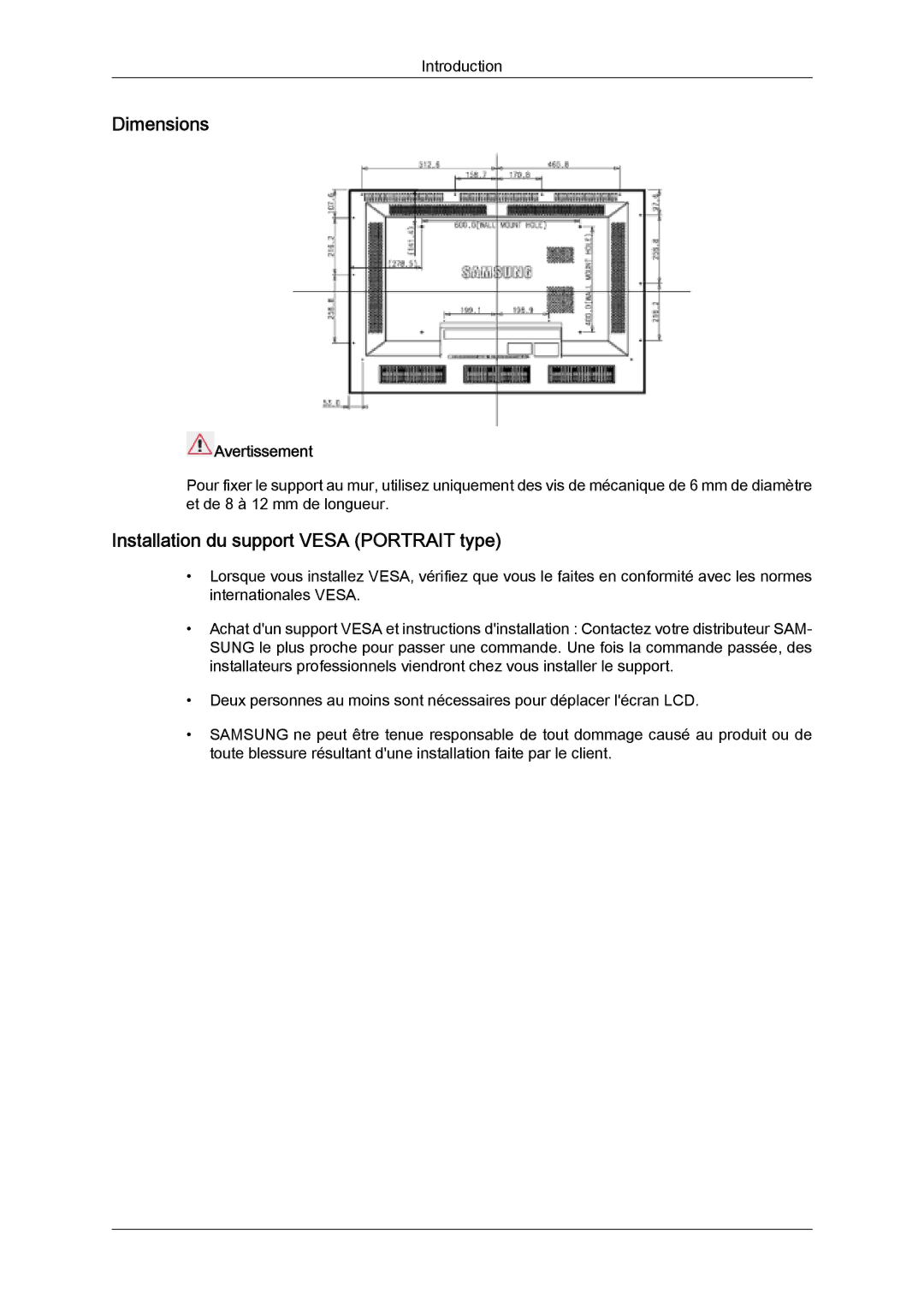 Samsung LH46SOQMSC/EN, LH46SOUQSC/EN, LH46SOTMBC/EN Dimensions, Installation du support Vesa Portrait type, Avertissement 