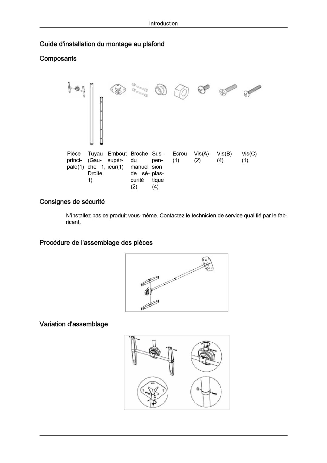 Samsung LH46SOUMSC/EN, LH46SOUQSC/EN manual Guide dinstallation du montage au plafond Composants, Consignes de sécurité 