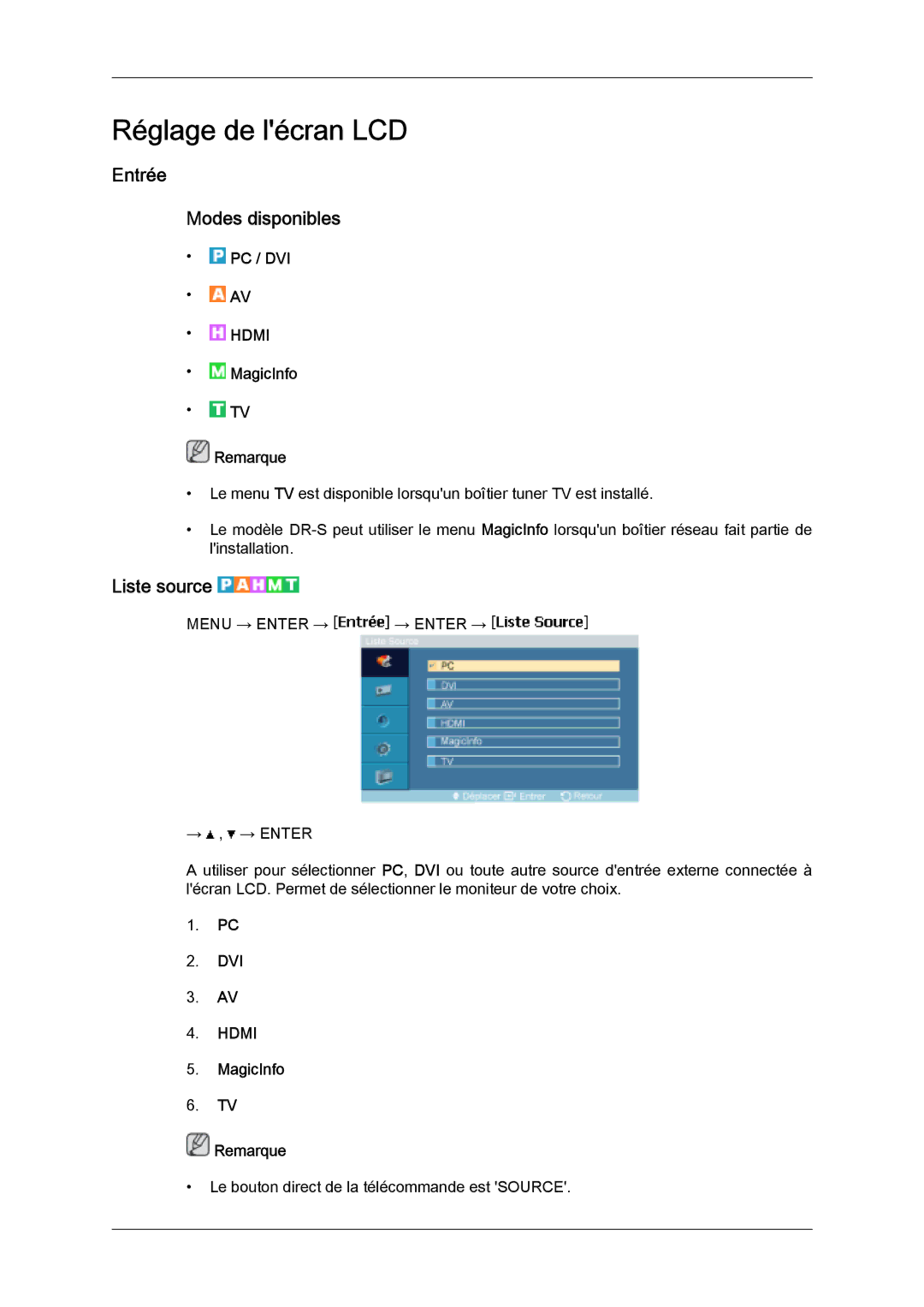 Samsung LH46SOQQSC/EN, LH46SOUQSC/EN, LH46SOTMBC/EN Entrée Modes disponibles, Liste source, Pc / Dvi, MagicInfo Remarque 