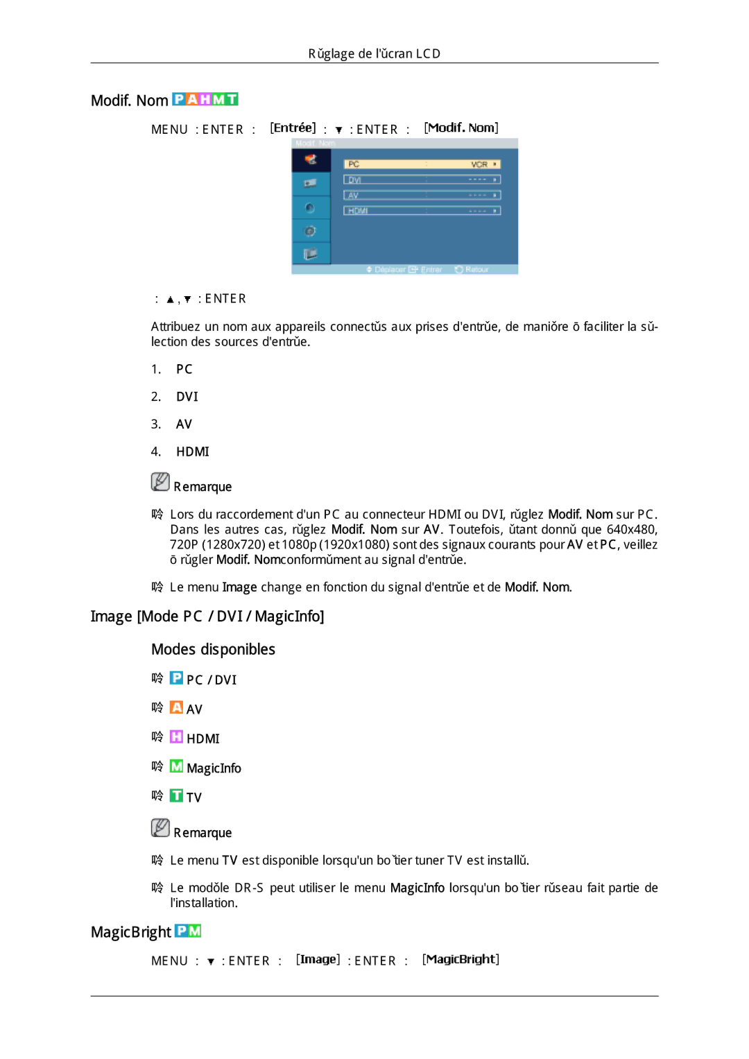 Samsung LH46SOPMBC/EN, LH46SOUQSC/EN manual Modif. Nom, Image Mode PC / DVI / MagicInfo Modes disponibles, MagicBright 