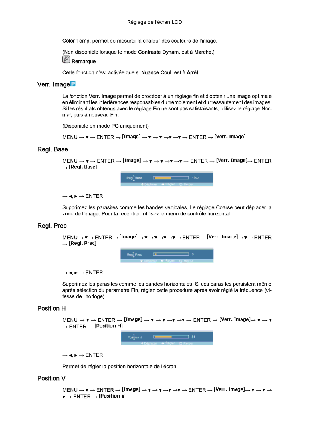 Samsung LH46SOPQBC/EN, LH46SOUQSC/EN, LH46SOTMBC/EN, LH46SOQQSC/EN manual Verr. Image, Regl. Base, Regl. Prec, Position H 