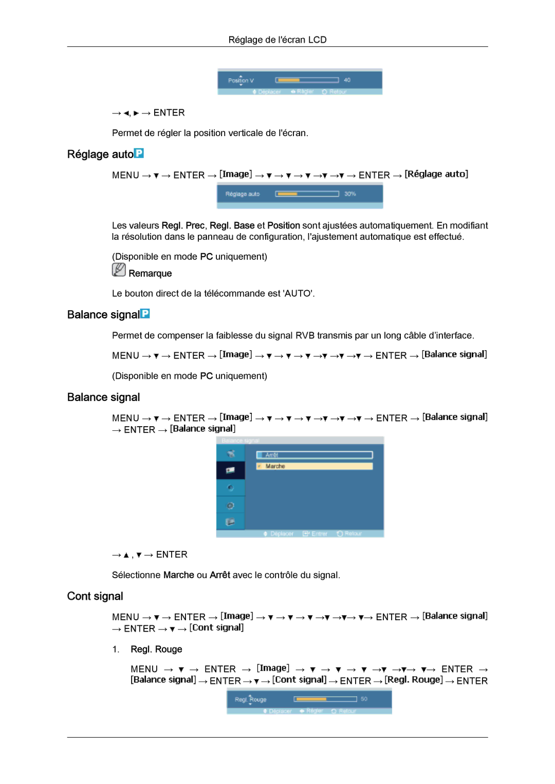 Samsung LH46SOUQSC/EN, LH46SOTMBC/EN, LH46SOQQSC/EN, LH46SOPMBC/EN manual Réglage auto, Balance signal, Signal, Regl. Rouge 